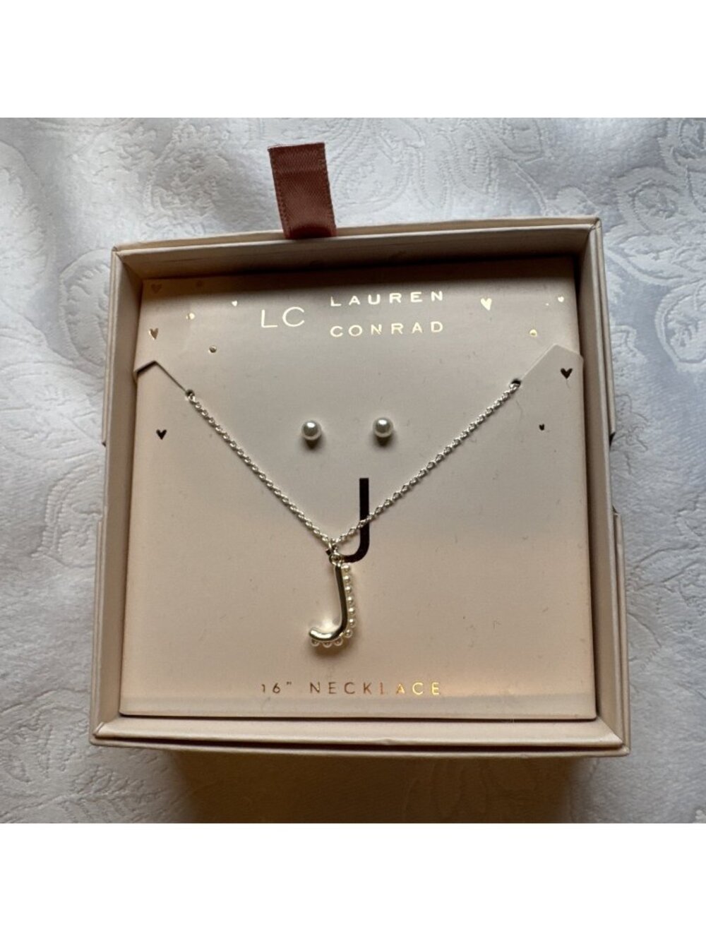 LAUREN CONRAD Initial "J” SilverTone NECKLACE & Pearl Earring SET w/Gift Box NEW